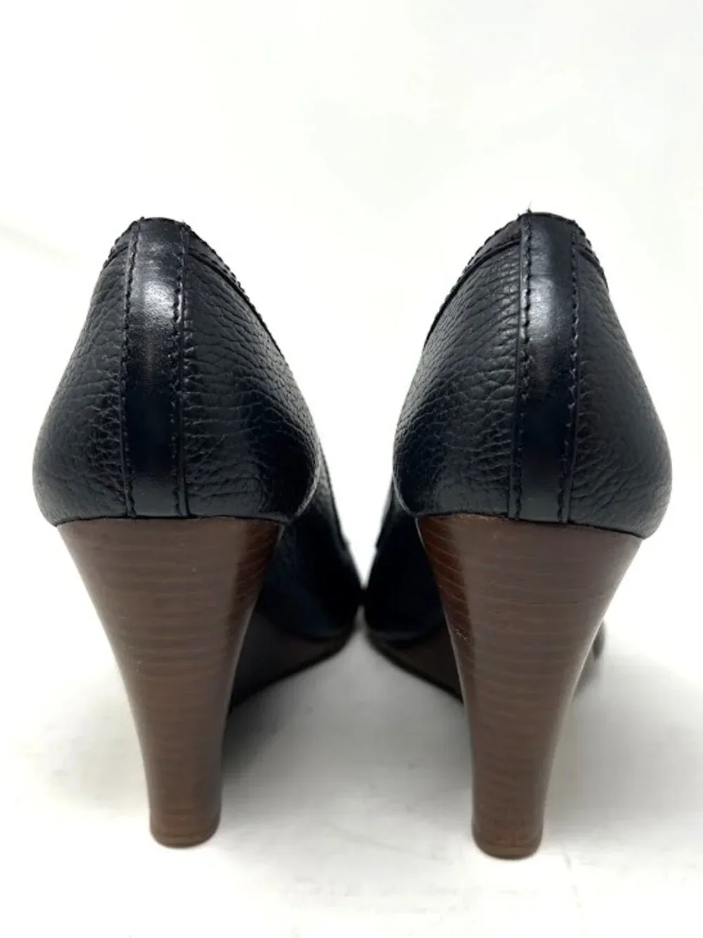 Tory Burch Selma Peep Toe Wedges-Black Pebbled Leather-Gold Logo Medallion 9.5